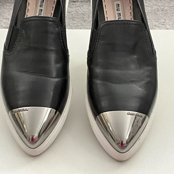 Miu Miu Leather Metal Pointed Toe Slip on Sneakers  8.5  Black - Silver - Picture 3 of 9